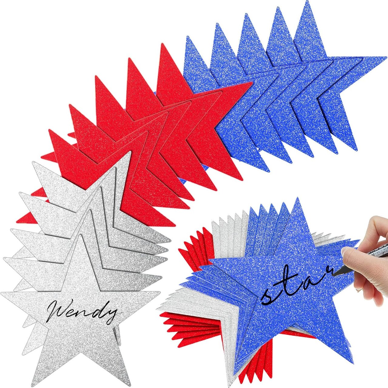 80 Pieces Glitter Star Cutouts Paper Star Confetti Cutouts Party Decor (Red, Blue, Silver)